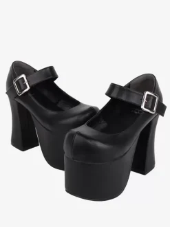 Sandales mignonne Lolita avec 艙illets bout rond cuir PU métallique chaussures d'été noires Lolita