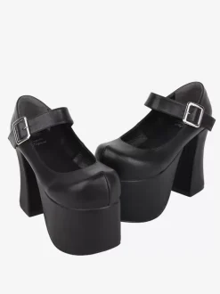 Sandales mignonne Lolita avec 艙illets bout rond cuir PU métallique chaussures d'été noires Lolita
