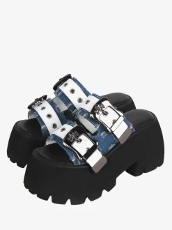 Sandales Mignonne Lolita Bleu En Cuir PU Bout Rond Chaussures Compensées D'été Lolita