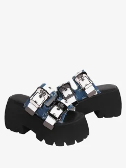 Sandales Mignonne Lolita Bleu En Cuir PU Bout Rond Chaussures Compensées D'été Lolita