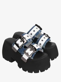 Sandales Mignonne Lolita Bleu En Cuir PU Bout Rond Chaussures Compensées D'été Lolita