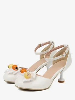 Sandales Mignonne Lolita N艙uds Bout Rond Cuir PU Beige Chaussures D'été Lolita