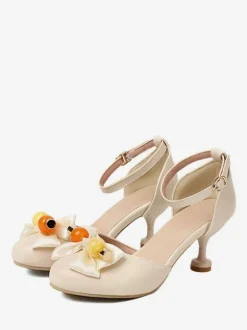 Sandales Mignonne Lolita N艙uds Bout Rond Cuir PU Beige Chaussures D'été Lolita