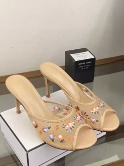 Sandales mules roses en maille à bout ouvert et imprimé floral à talons hauts