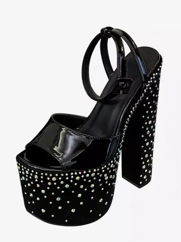 Sandales noires sexy à plateforme strass bout ouvert et talon compensé