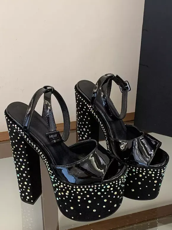 Sandales noires sexy à plateforme strass bout ouvert et talon compensé