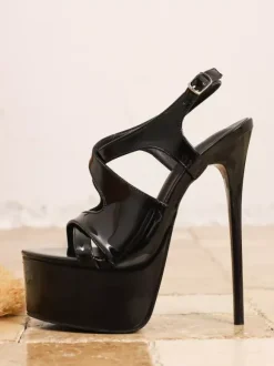 Sandales noires sexy à plateforme pour femmes bout ouvert talons hauts et brides