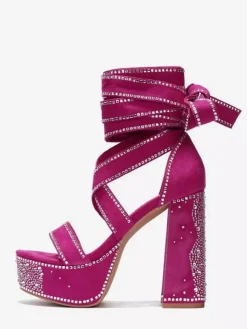 Sandales noires à talons hauts plateforme bout ouvert strass chaussures de fête à lacets