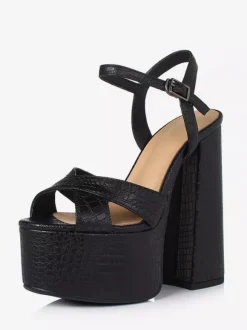 Sandales noires à talons hauts en cuir véritable plateforme bout ouvert talon épais