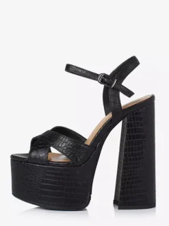 Sandales noires à talons hauts en cuir véritable plateforme bout ouvert talon épais