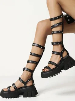 Sandales à plateforme pour femmes Rivets noirs Sandales spartiates en cuir PU