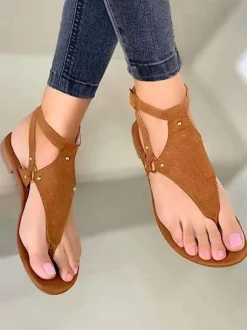 Sandales plates marron café femme en cuir PU