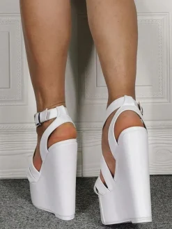 Sandales sexy grande taille en cuir PU blanc talon compensé chaussures à talons hauts sexy chaussures grande taille