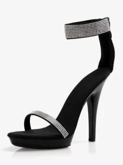 Sandales sexy noires à bout ouvert et bride à la cheville avec strass pour femmes