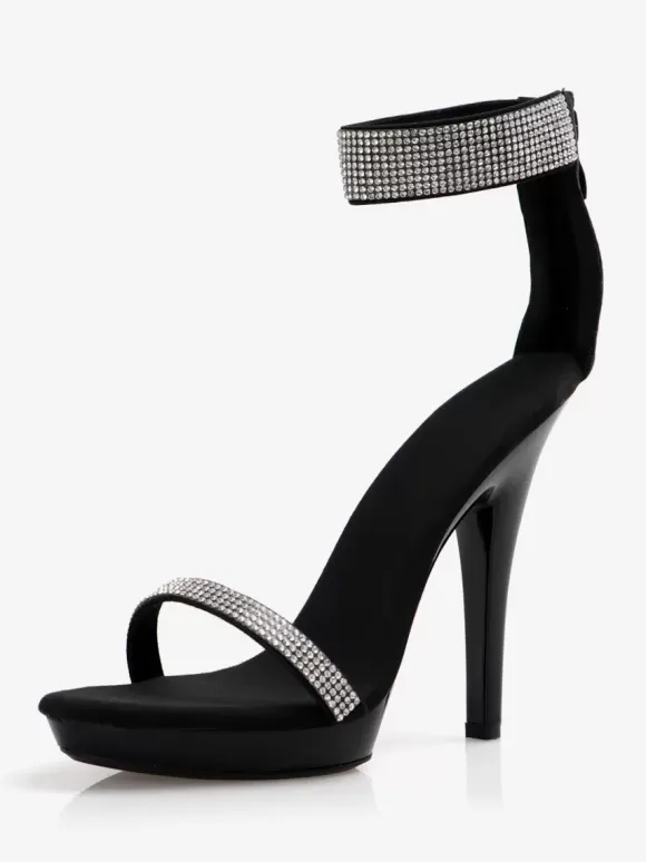 Sandales sexy noires à bout ouvert et bride à la cheville avec strass pour femmes
