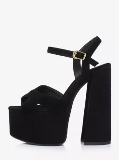 Sandales sexy noires en daim à plateforme et bout ouvert avec boucle et talon épais