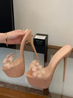 Sandales sexy nude à plateforme bout ouvert détails floraux sans talon pantoufles