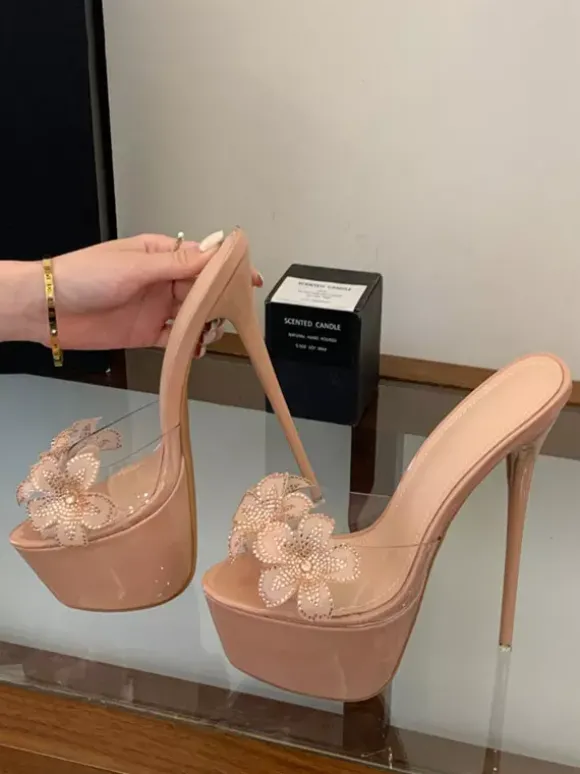 Sandales sexy nude à plateforme bout ouvert détails floraux sans talon pantoufles