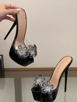 Sandales sexy nude à plateforme bout ouvert détails floraux sans talon pantoufles