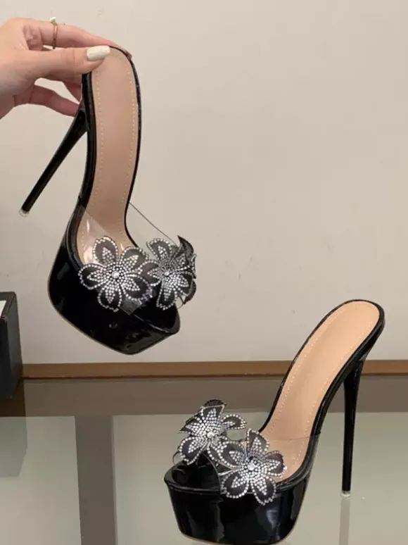 Sandales sexy nude à plateforme bout ouvert détails floraux sans talon pantoufles