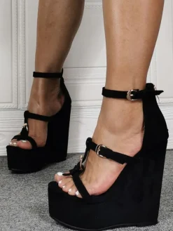 Sandales sexy à talons hauts de grande taille noir Micro daim supérieur bout ouvert talon compensé chaussures sexy chaussures de grande taille