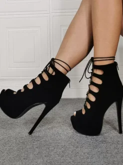 Sandales sexy à talons hauts de grande taille chaussures à talons aiguilles en micro-daim noir
