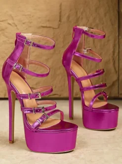 Sandales sexy à talons hauts en cuir PU rose bout ouvert 61 cm x 16 cm