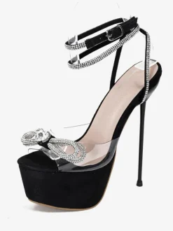 Sandales sexy à talons hauts en cuir PU noir bout rond strass à lacet sexy