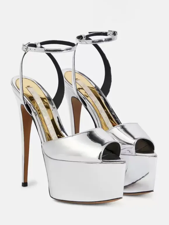 Sandales sexy à talons hauts en cuir PU argenté à bout pointu avec boucle Chaussures sexy