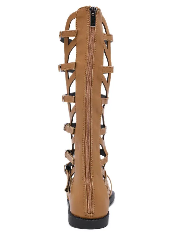 Sandales spartiates noires Boucle à bout rond en cuir PU Bottes d'été noires Sandales spartiates