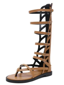 Sandales spartiates noires Boucle à bout rond en cuir PU Bottes d'été noires Sandales spartiates