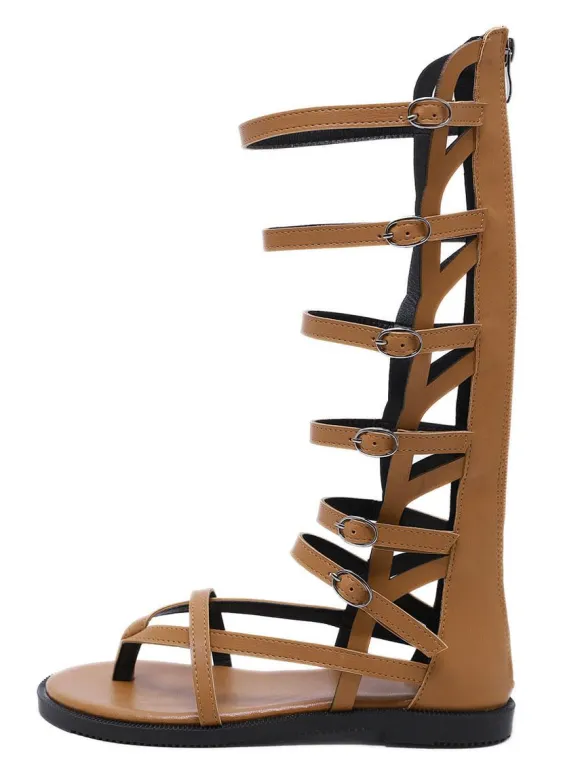 Sandales spartiates noires Boucle à bout rond en cuir PU Bottes d'été noires Sandales spartiates