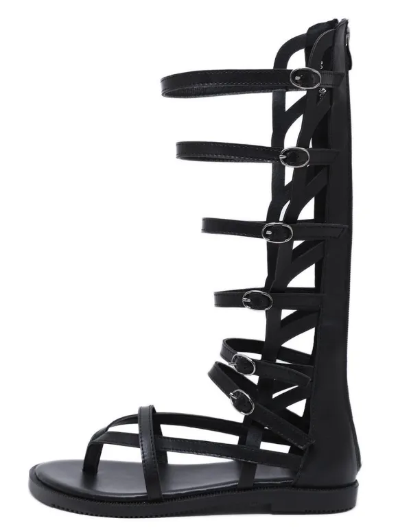 Sandales spartiates noires Boucle à bout rond en cuir PU Bottes d'été noires Sandales spartiates
