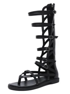Sandales spartiates noires Boucle à bout rond en cuir PU Bottes d'été noires Sandales spartiates
