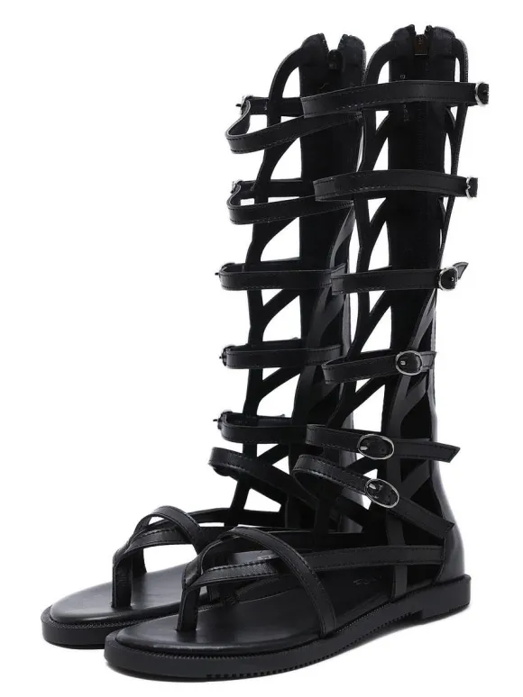 Sandales spartiates noires Boucle à bout rond en cuir PU Bottes d'été noires Sandales spartiates
