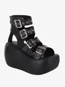 Sandales Steampunk Lolita avec 艙illets noirs chaussures d'été en cuir PU métallisé à bout ouvert