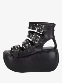 Sandales Steampunk Lolita avec 艙illets noirs chaussures d'été en cuir PU métallisé à bout ouvert