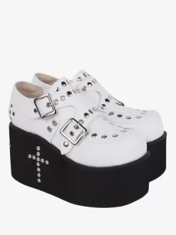 Sandales Sweet Lolita avec 艙illets bout rond cuir PU métallique chaussures d'été blanches Lolita