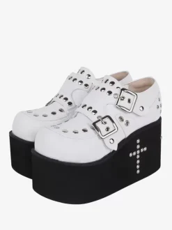 Sandales Sweet Lolita avec 艙illets bout rond cuir PU métallique chaussures d'été blanches Lolita