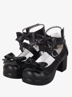 Sandales Sweet Lolita avec n艙uds à bout rond en cuir PU chaussures d'été noires Lolita