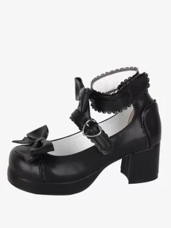 Sandales Sweet Lolita avec n艙uds à bout rond en cuir PU chaussures d'été noires Lolita