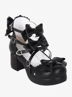 Sandales Sweet Lolita avec n艙uds noirs et bout rond en cuir PU chaussures d'été Lolita