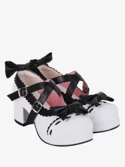 Sandales Sweet Lolita avec n艙uds à bout rond en cuir PU chaussures d'été blanches Lolita