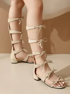 Sandales Sweet Lolita avec n艙uds et bout rond en daim chaussures d'été Lolita blanches et écru
