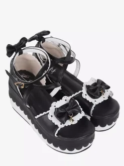 Sandales Sweet Lolita noires en cuir PU avec n艙ud papillon chaussures d'été kawaii