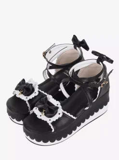 Sandales Sweet Lolita noires en cuir PU avec n艙ud papillon chaussures d'été kawaii