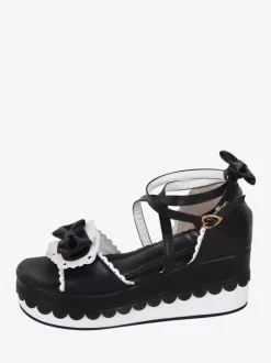 Sandales Sweet Lolita noires en cuir PU avec n艙ud papillon chaussures d'été kawaii