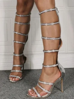 Sandales à talons argentés pour femmes  talon aiguille  bout ouvert  bottes d'été en cuir verni