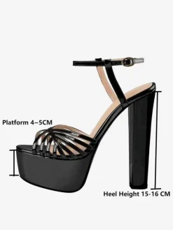 Sandales à talons chaussures femmes bout rond talons épais cuir PU