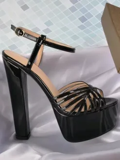 Sandales à talons chaussures femmes bout rond talons épais cuir PU